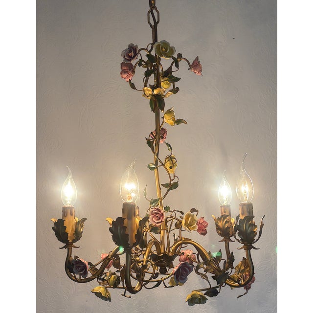 Italian Metal and Porcelain Flower Chandelier, 1940s For Sale - Image 10 of 17