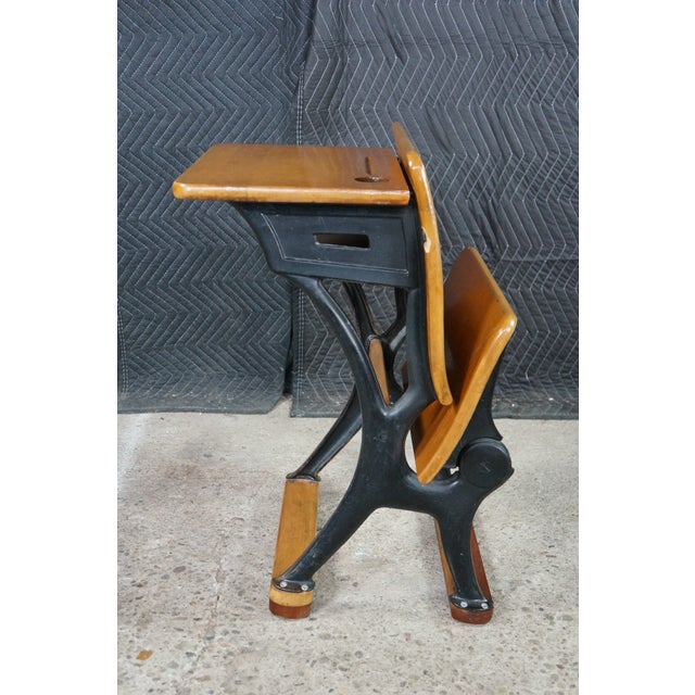 Antique American Solid Maple Classroom School Desk Cast Iron Flip-Up Chair Combo For Sale - Image 10 of 18