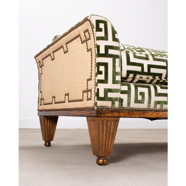 20th C. Art Deco Style Greek Key Velvet and Raffia Settee For Sale - Image 13 of 18