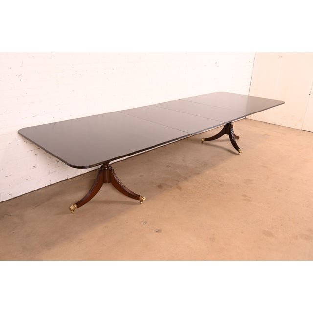 English Baker Furniture Style Georgian Mahogany Double Pedestal Extension Dining Table, Newly Refinished For Sale - Image 3 of 12