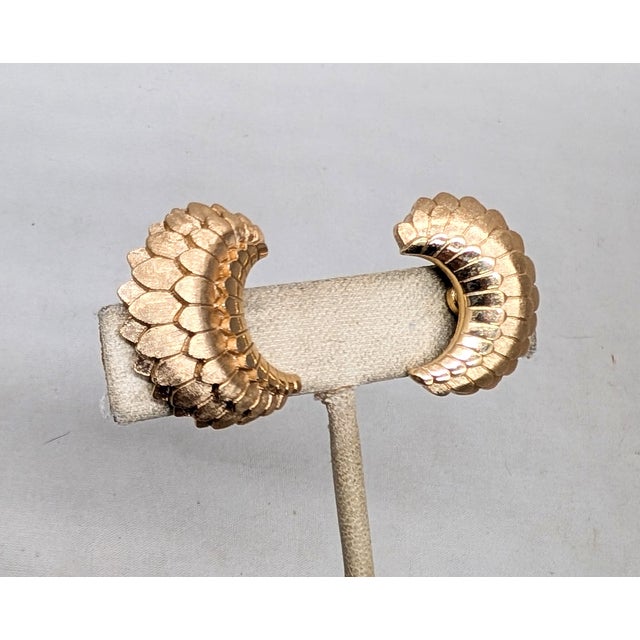 Mid-Century Modern Vintage 1950s Signed Crown Trifari Goldtone Scaled Half Moon Clip Earrings-2 Pieces For Sale - Image 3 of 7