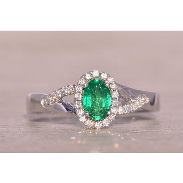 The Hands: Natural Emerald and Diamond Halo Ring in White Gold For Sale - Image 4 of 11