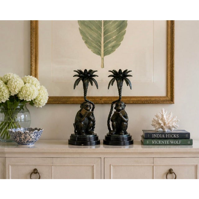 Pair of Vintage Cast Metal "Reading Monkey" Palm Tree Candlesticks For Sale - Image 10 of 12