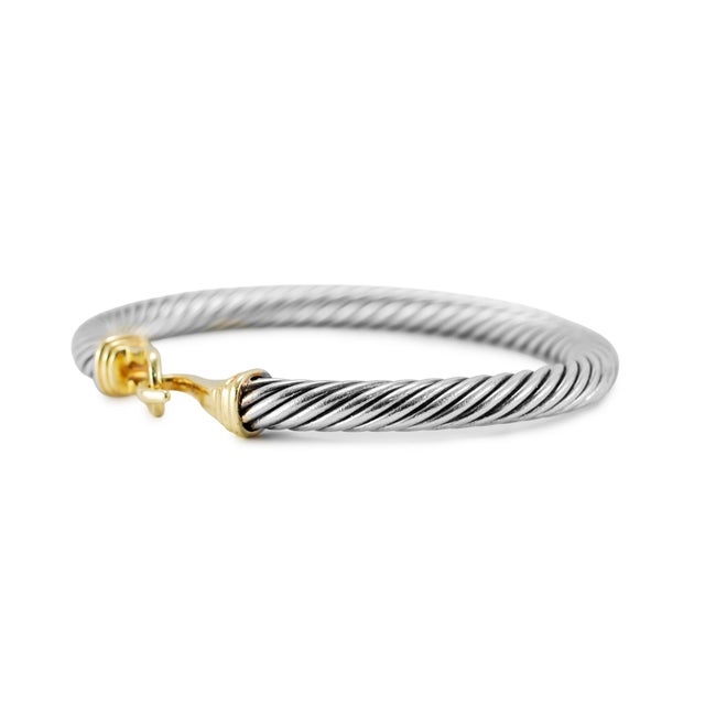 Modern David Yurman 925 Silver 5mm 14k Yellow Gold Buckle Classic Cable Bangle Bracelet For Sale - Image 3 of 8