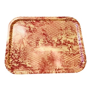 Vintage French Tole Toile De Jouy Tray in Raspberry & Cream Pastoral Scene For Sale