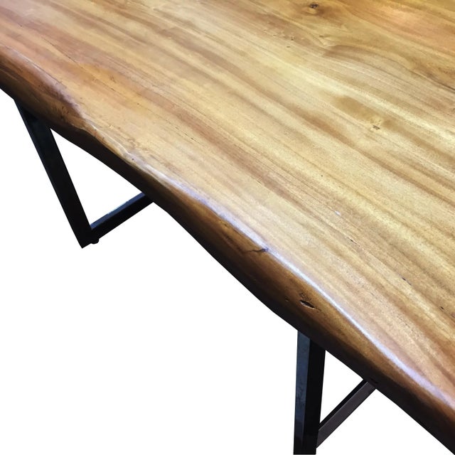 Wood Mid-Century Modern Live Edge Soilid Slab with Chrome Base Monkey Pod Desk For Sale - Image 7 of 9