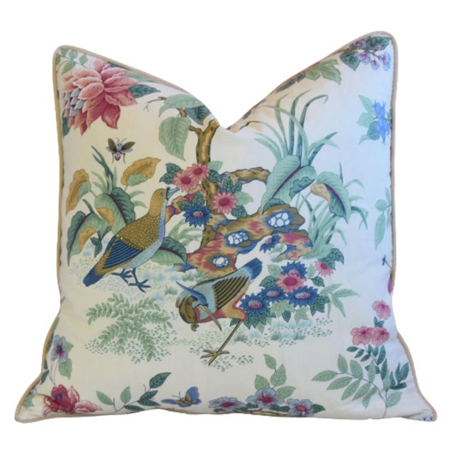Schumacher Asian Chinoiserie Birds& Botanical Floral Feather/Down Pillow 24" Square For Sale In Los Angeles - Image 6 of 6