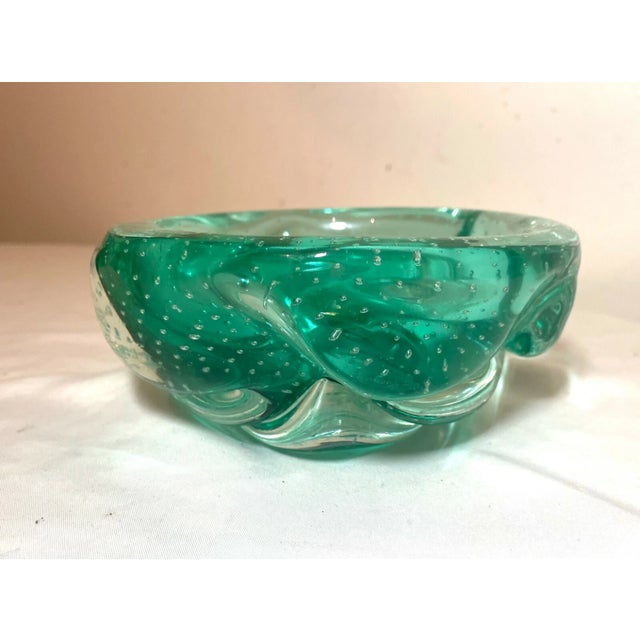 Green Vintage Hand Blown Elis Bergh Kosta Art Glass Cigarette Cigar Green Ashtray Bowl For Sale - Image 8 of 10