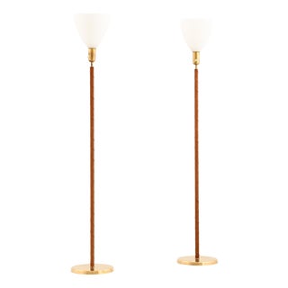 Floor Lamps in Brass, Glass, and Leather from Asea, 1950s, Set of 2 For Sale