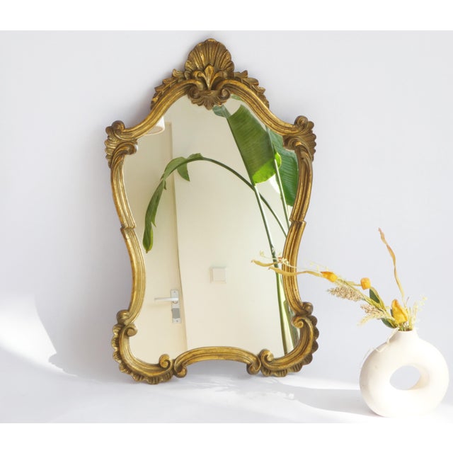 Hollywood Regency Rococo Baroque French Gold Gilt Scalloped Mirror with Floral Design, 1960s For Sale - Image 10 of 10