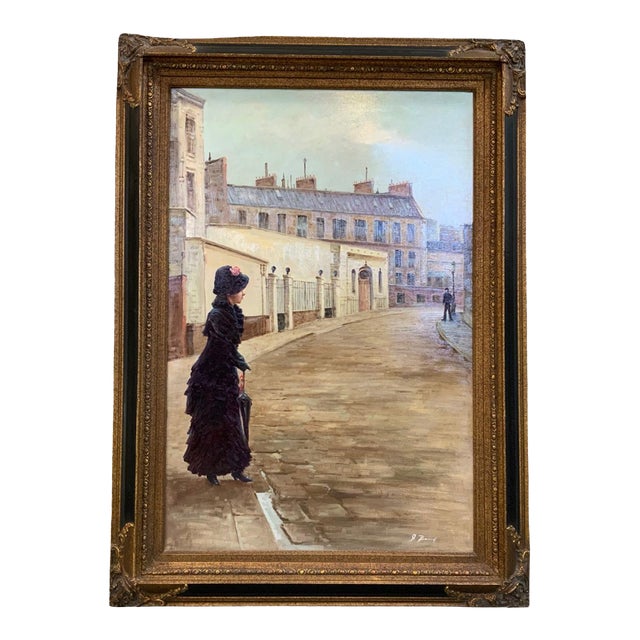 Large Vintage Parisian Street Scene Oil Painting of Victorian Woman in Ornate Gilt Frame For Sale