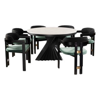 Conan Round Marble Top Black Dining Table Set for 6 with Green Chairs For Sale