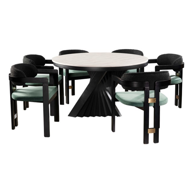 Conan Round Marble Top Black Dining Table Set for 6 with Green Chairs For Sale