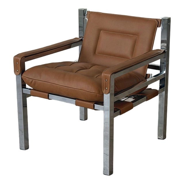 1970s Safari Style Chrome Armchair in Caramel Leather For Sale