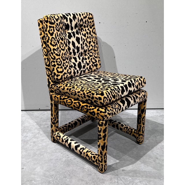 Leopard Velvet Dining Room Parson Chairs Attributed to Milo Baughman