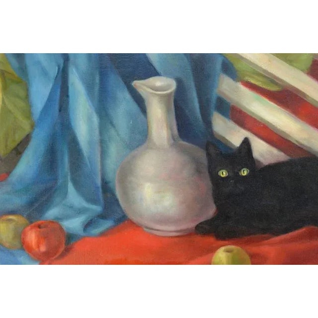 Charming still life of fruit, vase and black cat by Monterey artist Joseph Tanous (American, b. 1925), circa 1970. Signed...