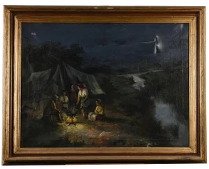 Group of Travellers Around the Fire Night Scene, Early 1900s, Oil on Canvas