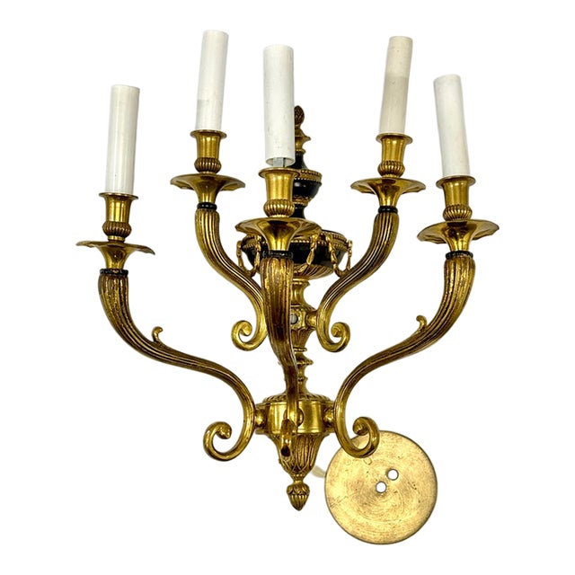 Late 20th Century French Empire 5-Arm Brass Wall Sconce With Black Enamel Detail For Sale