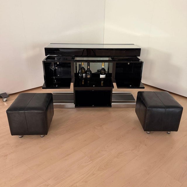 1970s Convertible Bar and Stools in Black Lacquer, Chrome & Leather, Italy, 1970s, Set of 3 For Sale - Image 5 of 18