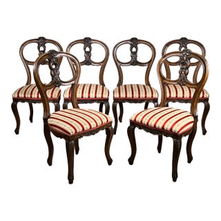 Vintage Suite of Six Centennial Victorian Style Walnut Balloon Back Dining Chairs C. 1940 For Sale