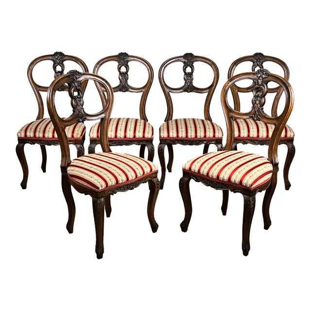 Vintage Suite of Six Centennial Victorian Style Walnut Balloon Back Dining Chairs C. 1940 For Sale