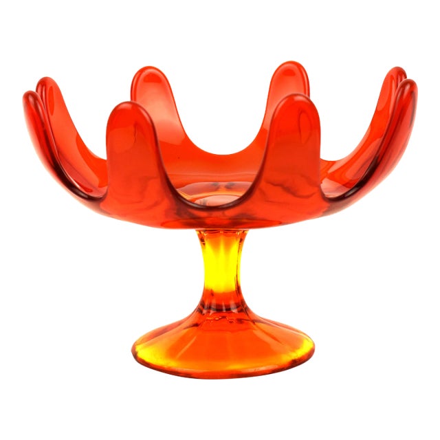 Mid 20th Century Modern Amberina Orange Persimmon Hand-Swung Petal Viking Glass Pedestal Bowl For Sale