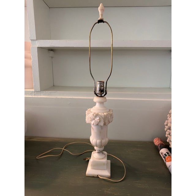 Alabaster Vintage Carved Alabaster Urn Table Lamp With Floral Garland For Sale - Image 8 of 9