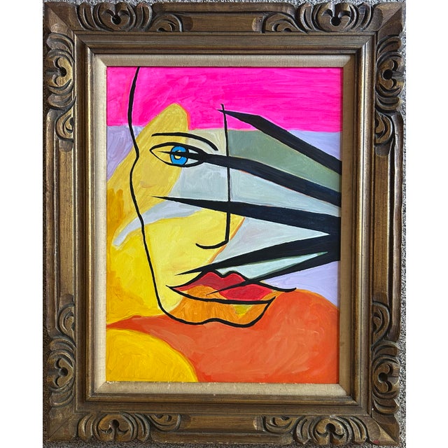 Abstract Abstract Painting of a Face With Blue Eye in Vintage Frame by Alexandra Brown For Sale - Image 3 of 7