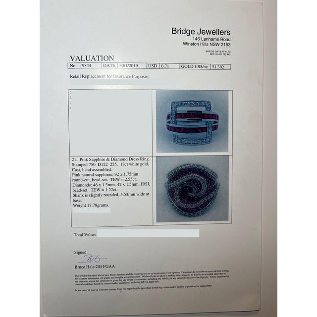 18ct White Gold Pink Sapphire and Diamond Dress Ring 3.74ct 17.85g, Size 7.75 For Sale - Image 11 of 11