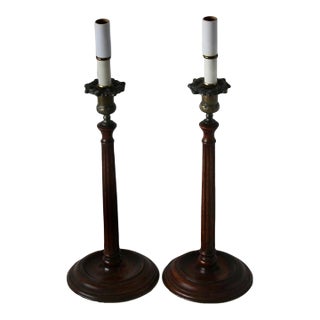 Late 20th Century Georgian Style Mahogany Brass Candlestick Table Lamps - a Pair For Sale