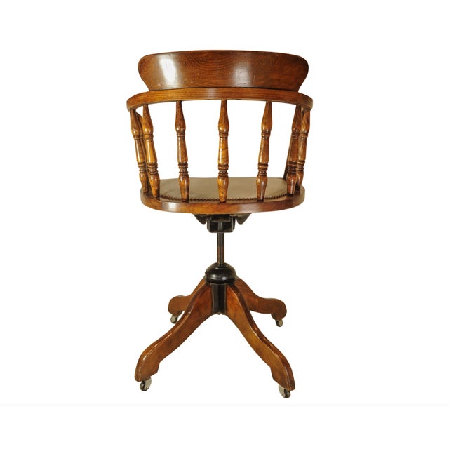 Metal Antique Captain's Desk Chair with Brass Stud Detailing and Iron Base, 1930s For Sale - Image 7 of 10