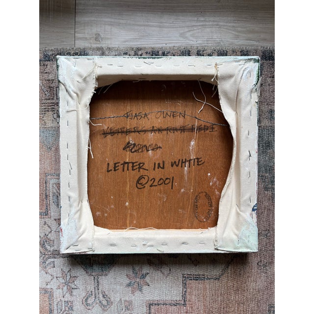 Textile 2001 Tjasa Owen's "Letter in White" 12x12 White and Blue Canvas Painting For Sale - Image 7 of 8