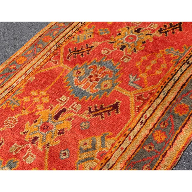 Red Red and Light Blue Wide Antique Turkish Oushak Gallery Runner For Sale - Image 8 of 18
