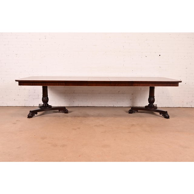 English Baker Furniture Regency Banded Mahogany Double Pedestal Extension Dining Table, Newly Refinished For Sale - Image 3 of 17