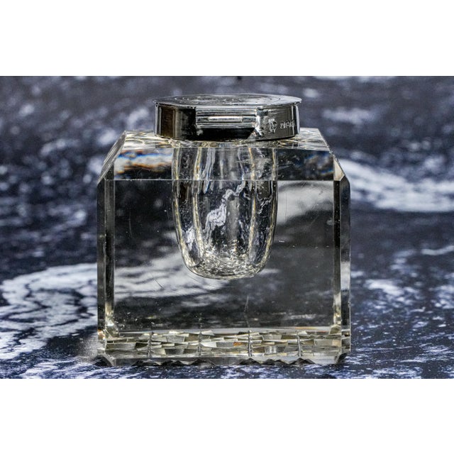 Elegant Large Antique Paperweight Crystal Sterling Silver English Desk Inkwell For Sale - Image 11 of 15