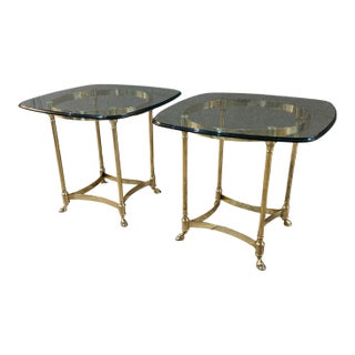 La Barge Style Vintage Brass Base Glass Top Side Table With Hoof Feet Labarge For Sale