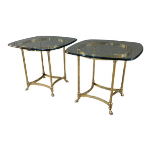 La Barge Style Vintage Brass Base Glass Top Side Table With Hoof Feet Labarge