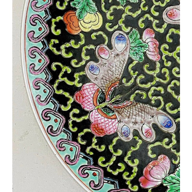 Vintage Chinoiserie Large 14" Butterflies Floral Round Platter Centerpiece Ceramic Dish For Sale In Miami - Image 6 of 13