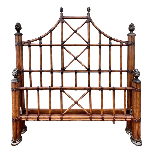 Hollywood Regency Pagoda Style Rattan Bed - Queen Size For Sale