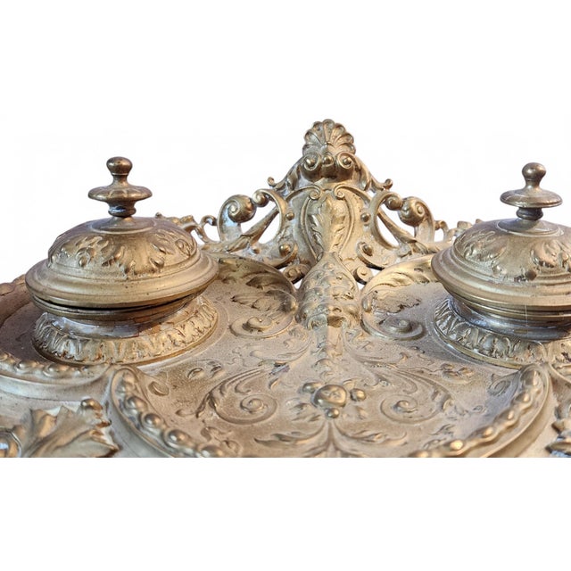 Antique Decorative Brass Victorian Desktop Double Inkwell, C1900 For Sale - Image 9 of 11