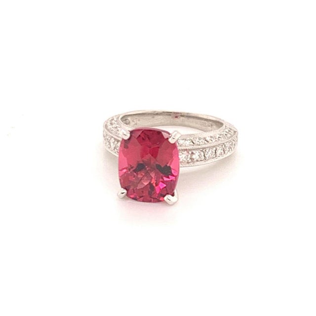 Natural Finely Faceted Quality Tourmaline Rubellite Diamond Ring size 3 resizable set in Platinum with 3.72 TCW Certified...
