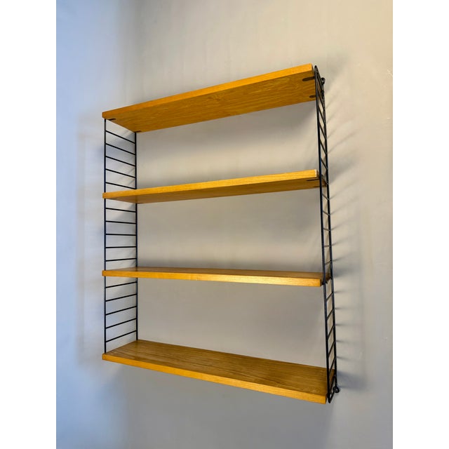 Floating Wall Shelf in Oak Veneer and Black Metal, 1960s For Sale - Image 4 of 14