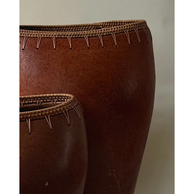 1970s Pair of Vintage Indonesian Ceramic Vessels With Hand-Woven Rattan Rim For Sale - Image 5 of 18