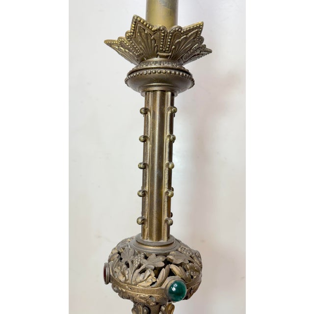 Antique 1800's Ornate Bronze Religious Candle Holder Electric Table Lamps - a Pair For Sale - Image 11 of 14