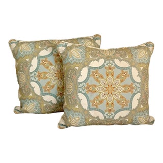 Gold and Turquoise Medallion Design Pillows With Feather Fillers - a Pair For Sale