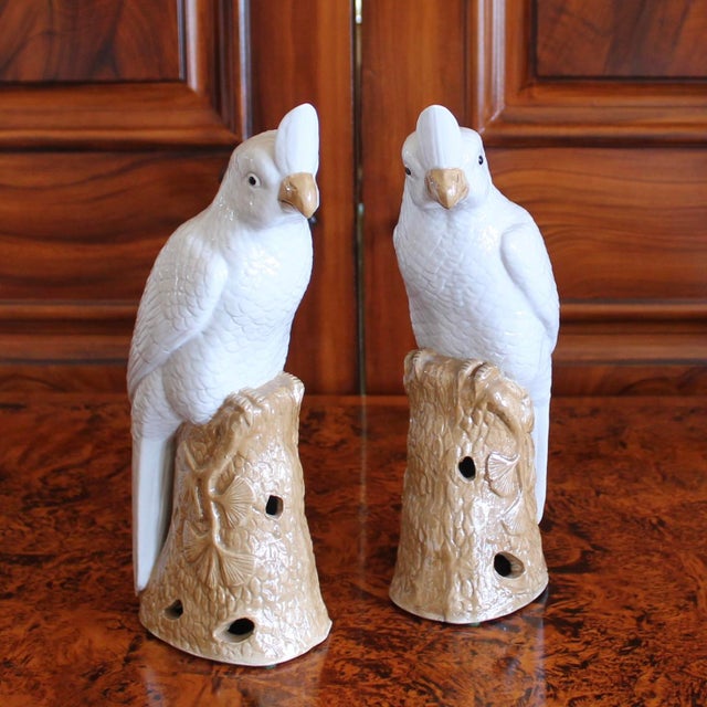 A gorgeous pair of white porcelain cockatoos with amazingly life-like faces, and beautifully articulated feathers that...