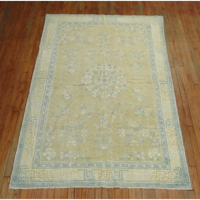 Early 20th Century Champagne Mustard Soft Blue Chinese Rug - 5'3" x 8'1" For Sale - Image 12 of 18