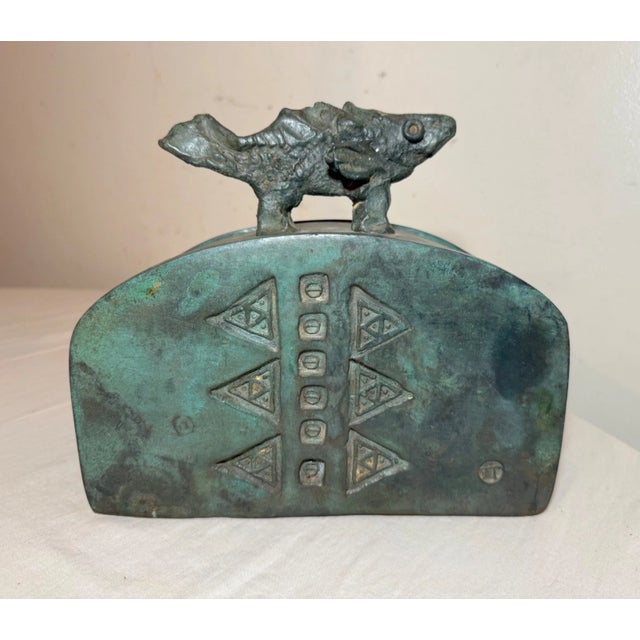 This large antique bronze modernist sculpture doubles as a figural dresser box and is exceedingly heavy. It is handmade...