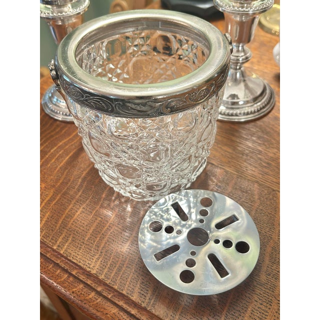 1930s Cut Crystal & Silverplate Ice Bucket With Ornate Foliate Mounts and Drainer For Sale - Image 11 of 12
