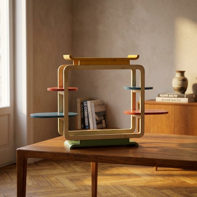 A distinctive vintage flower stand featuring a sculptural tubular steel frame with multiple colorful circular shelves...